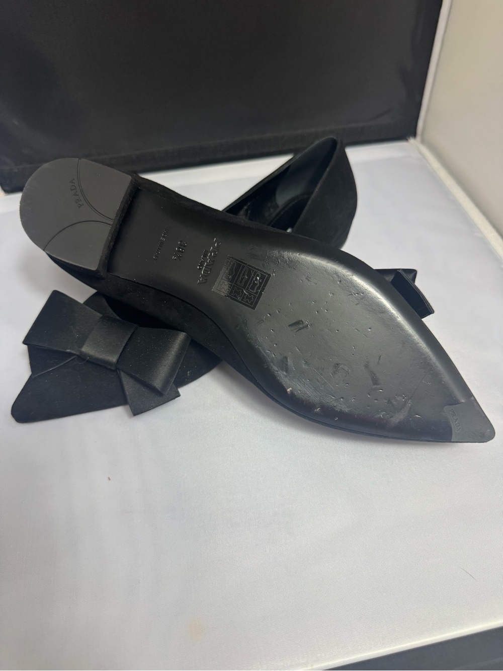 Prada Black Pointed Satin Bow Flats - Picture 2 of 3